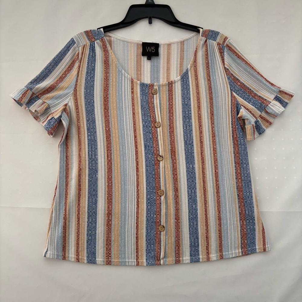 W5 Women's Striped Button-Down Blouse - Blue and Brown Size Large INV25/320